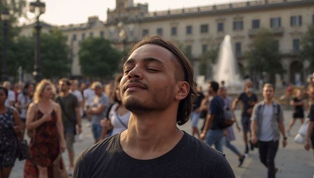 Man standing in sunlit plaza closing eyes tilting head back in quiet contemplation
