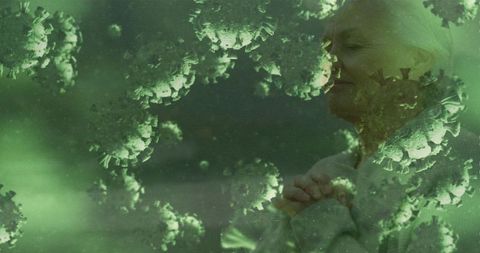 Elderly Woman Praying Amidst Virus Representations