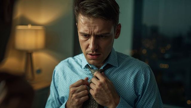 Tense young businessman loosening necktie in dim urban office at night, moody portrait