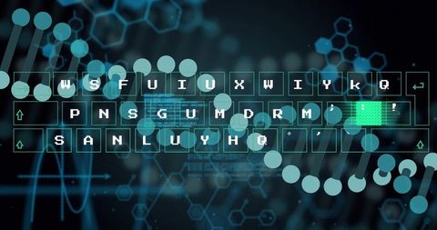 Translucent Pixel Keyboard Overlay on Futuristic Bioinformatics GUI Featuring DNA Helix