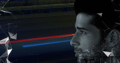 Pensive man overlapping with futuristic cityscape