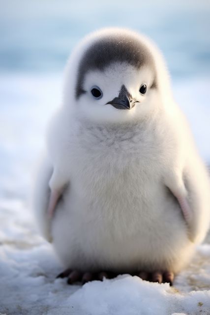 Close-up of a fluffy baby penguin standing on snowy ground, ideal for wildlife enthusiasts, winter-themed marketing materials, or educational content about arctic animals. The soft and cute appearance of the penguin makes it perfect for use in children's books, websites, or campaigns related to conservation and animal welfare.