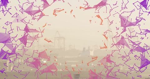 Cargo ship emerging through hazy port silhouette with magenta abstract polygon overlay