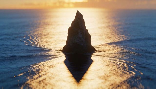 Jagged sea stack casting triangle shadow over shallow ocean with golden sunset glow