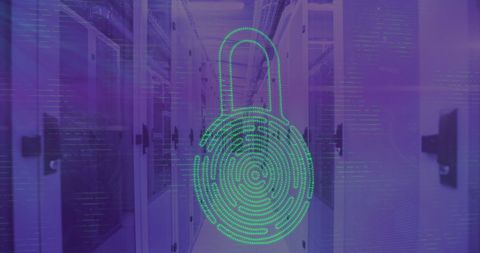 Conceptual cybersecurity lock overlay on data server room