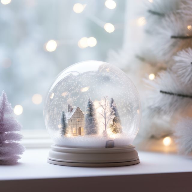 House and trees in christmas snow globe by window, created using generative ai technology. Christmas, winter season, tradition, decoration and celebration concept digitally generated image.