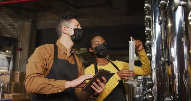Shows two brewery workers wearing face masks and aprons, monitoring the fermentation process. One holds a testing tube while the other inspects data on a tablet. Useful for illustrating industrial jobs, food and beverage industry safety measures, teamwork, and use of technology in modern production processes.