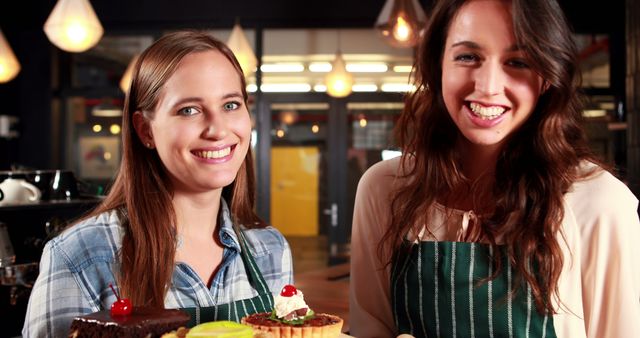 Two Smiling Female Bakers Displaying Freshly Made Desserts in Bakery - Download Free Stock Images Pikwizard.com