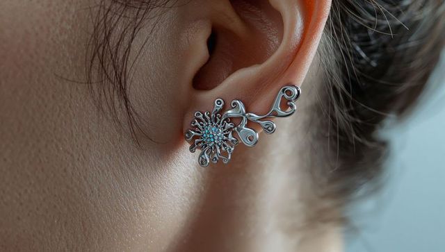 Ornate silver floral ear cuff with turquoise stones on female ear close-up jewelry