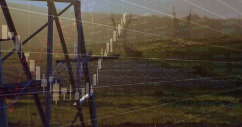 Financial Graphs Overlay with Electricity Poles at Sunset
