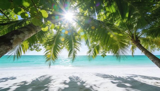 Sunburst framing arching palm fronds over white-sand tropical beach