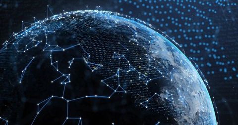 Digital Globe with Connecting Lines and Nodes on Dark Background