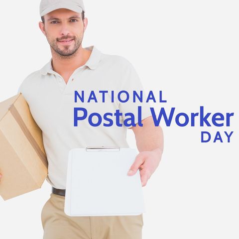 Celebrating national postal worker day with deliveryman holding clipboard