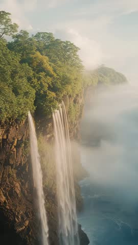Panning vertical video revealing towering coastal cliff with waterfalls plunging into misty sea