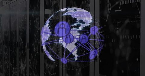 Holographic Global Network Visualization Over Server Rack Showing Connected User Nodes