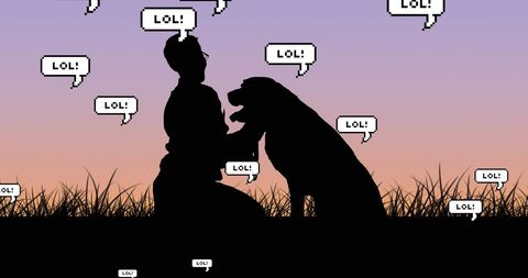 Silhouetted Person and Dog Joking at Sunset with Speech Bubbles
