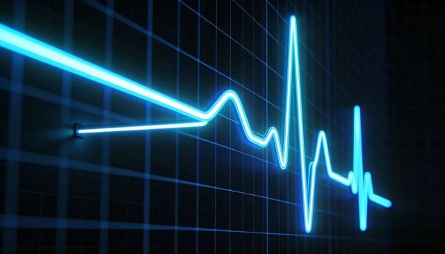 Glowing Neon-Blue ECG Waveform Displaying Heartbeat Pulse on Dark Grid Monitor