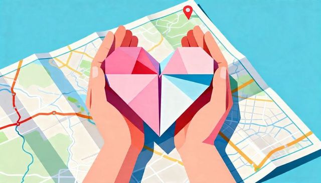 Hands cradling origami heart over city map with location pin, travel love concept