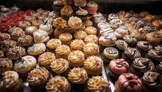 Colorful buttercream cupcakes filling bakery display with sprinkles and chocolate swirls