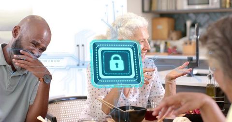 Smiling senior woman leading family meal conversation with digital security lock overlay