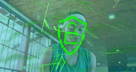 Female athlete scanning with augmented reality hud, neon green biometric overlay in gym hall