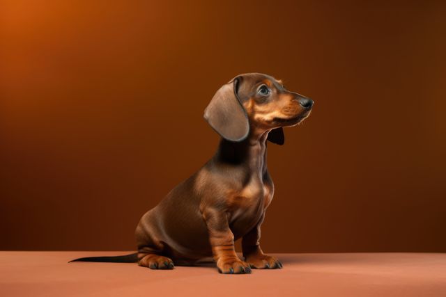 Perfect for advertisements, veterinary clinics, pet adoption promotions, or greeting cards, this image captures an adorable dachshund puppy sitting attentively against a brown background. Great for adding a touch of cuteness to any pet-related content.