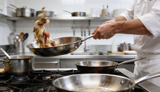 Chef tossing sizzling stir-fry in stainless steel pan over commercial gas range