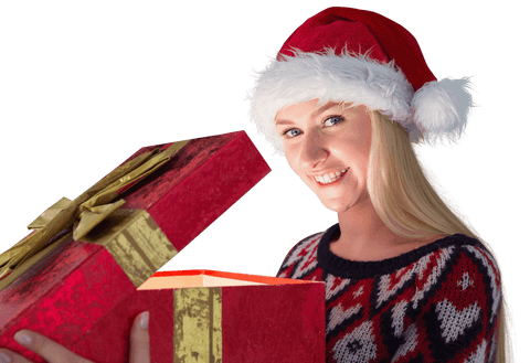 Festive blonde opening transparent gift box with santa hat