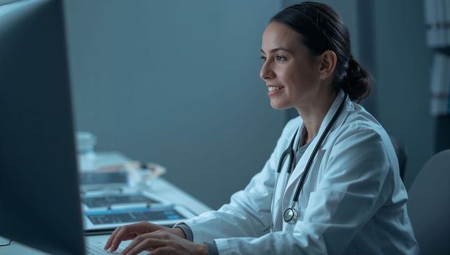 Female Doctor Typing on Computer with Stethoscope at Desk, Telemedicine Documentation
