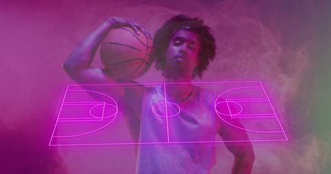 Confident Basketball Player with Futuristic Digital Court