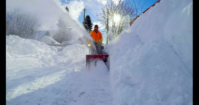 Worker Clearing Snow from Driveway with Snow Blower in Winter Sunlight - Download Free Stock Images Pikwizard.com