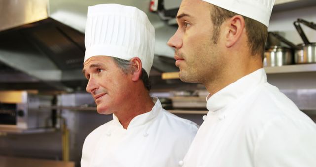 The image shows two male chefs in a professional restaurant kitchen, dressed in traditional white uniforms and chef hats, focused on their tasks. This image can be used for promoting culinary schools, restaurant branding, cooking classes, food-related websites, or advertising culinary arts programs.