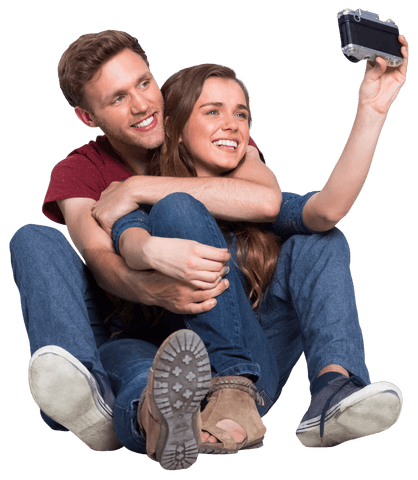 Happy Couple Embracing and Taking Selfie on Transparent Background