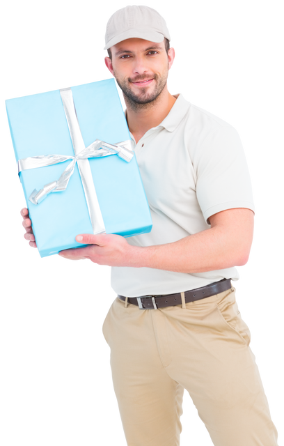 Transparent Smiling Delivery Man Holding Wrapped Gift Box - Download Free Stock Videos Pikwizard.com