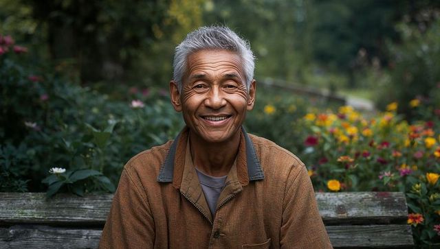 Smiling Senior Asian Man Amidst Lush Garden