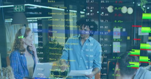 Financial report data over office meeting discussion