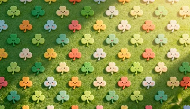 Smiling pastel clover tokens on grass creating playful spring pattern and background