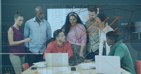 Diverse team collaborates analyzing financial data in innovative workspace