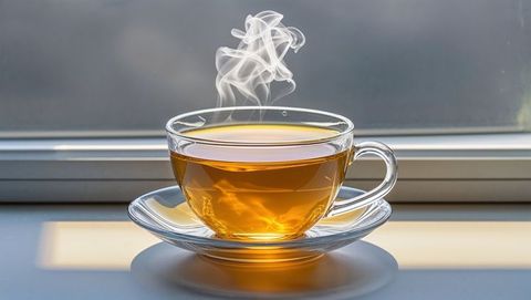 Steamy Amber Tea in Glass Cup by Window