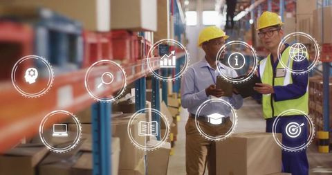 Warehouse staff consulting and checking tablet for inventory logistics with digital icons