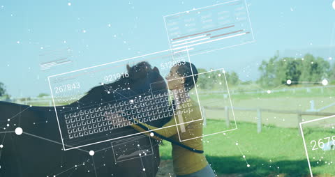 Data Overlay on Woman Interacting with Horse in Field