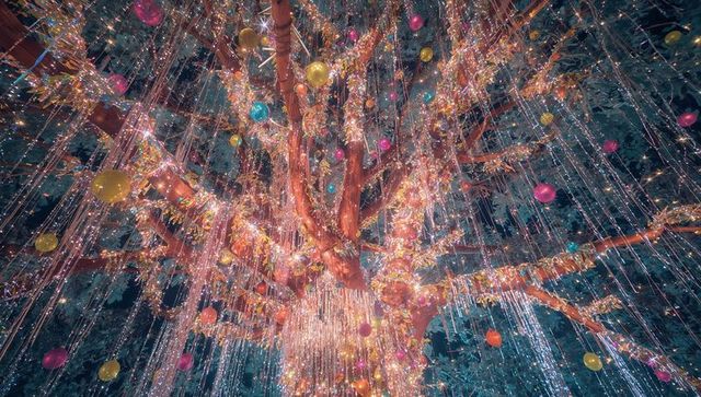Glowing Tree with LED Cascades and Colorful Baubles at Night