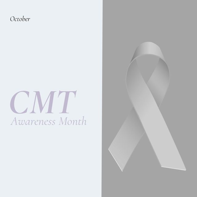 Graphic with text 'CMT Awareness Month' and a grey ribbon signifying awareness for Charcot-Marie-Tooth disease. Can be used in awareness campaigns, educational materials, social media posts for supporting cause, charity, health events, and promoting CMT awareness during October.