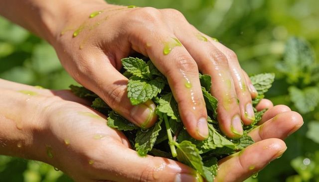 Pair of hands pressing fresh mint leaves with water droplets outdoor herb harvest