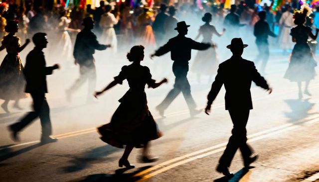 Backlit silhouettes twirling in night parade through fog in vintage costumes