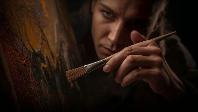 Focused male artist applying impasto brushstrokes under chiaroscuro lighting closeup