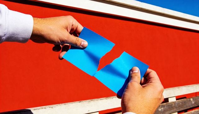 Hands tearing bright blue paper on red balcony wall symbolizing breakup, change, conflict