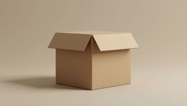 Minimalist open cardboard box on neutral background