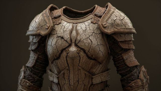 Weathered Medieval Breastplate Showing Cracked Patina, Ornate Pauldrons and Vambraces