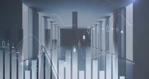 Reflective architectural corridor overlaid with financial candlestick charts and bar graphs